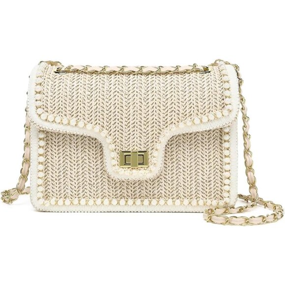 Accessories - Straw Crossbody Bag Women Pearl Summer Beach Purse Elegant Boho Woven
